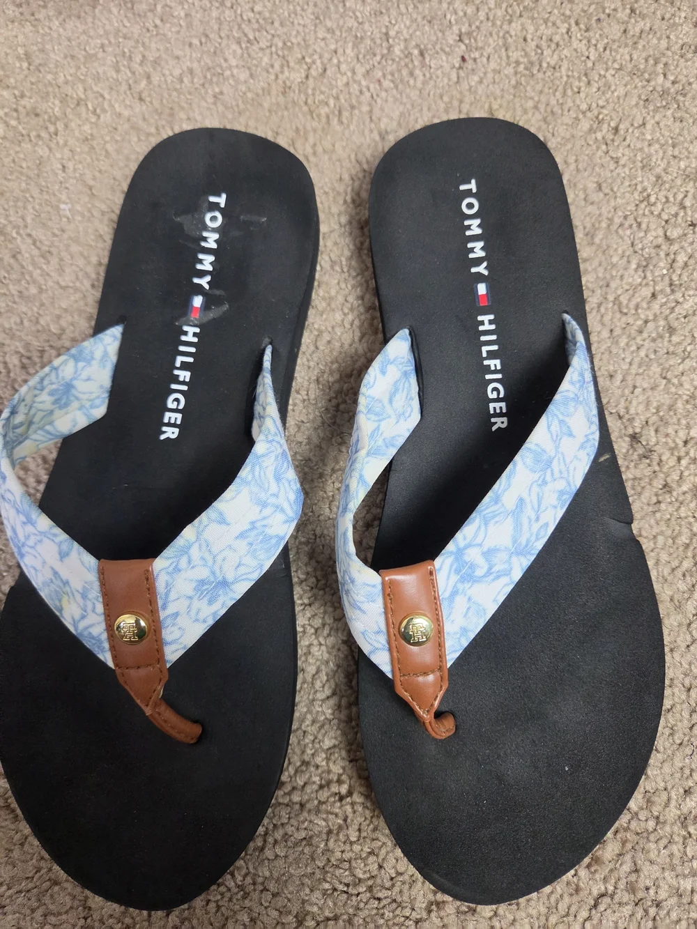 Tommy Hilfiger Blue Floral Thong Sandals with Brown Trim